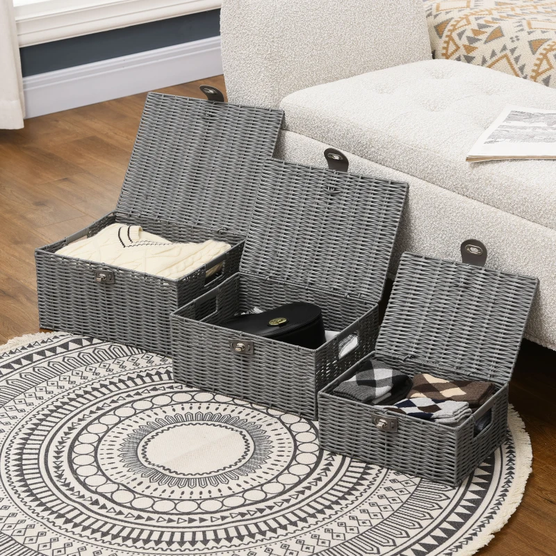 HOMCOM 3 Cestas de Almacenaje de Plástico Símil Mimbre con Tapa y Pestillo de Diferentes Tamaños para Decoración Gris