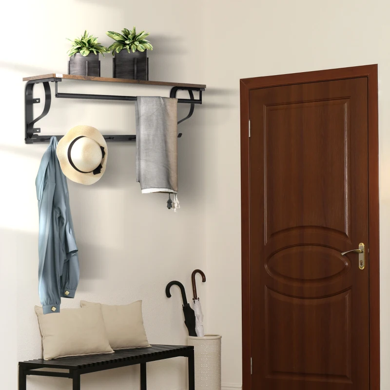 HOMCOM Estantería de Pared Balda Flotante con 5 Ganchos y 1 Barra para Colgar 66x30x27 cm Natural y Negro