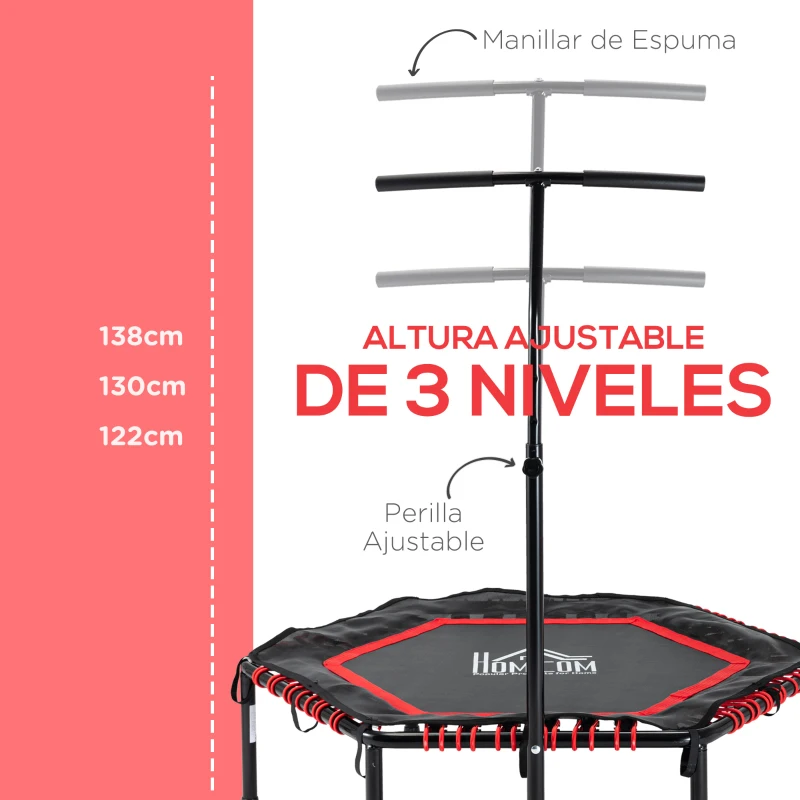 HOMCOM Trampolín de Fitness Ø122 cm Cama Elástica con Mango Ajustable de 3 Niveles 122-138 cm Funda Protectora y Marco de Acero para Interiores y Exteriores Negro y Rojo