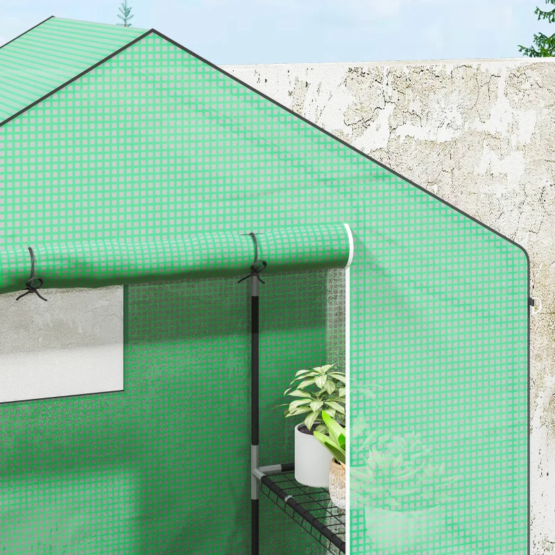 Outsunny Kas met Schappen, Mini-Kas, UV-bestendig, Netramen, Ritssluitingdeur, 143L x 74B x 190H cm, Groen