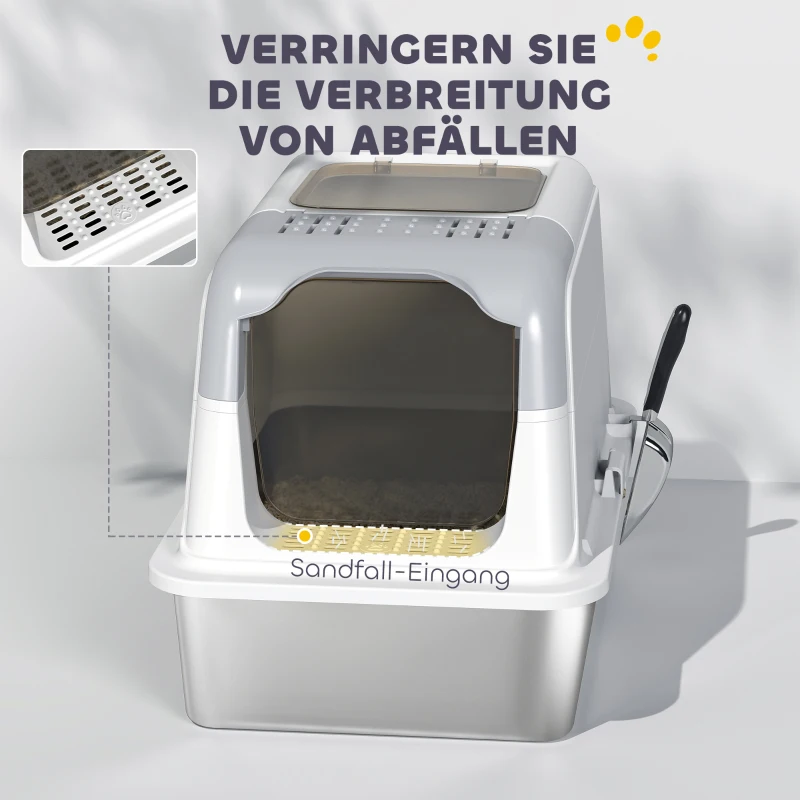PawHut Kattenbak, kattenbox met deksel, kattenbakschep, vooringang en bovenuitgang roestvrijstaal tot 15 kg(m-6)
