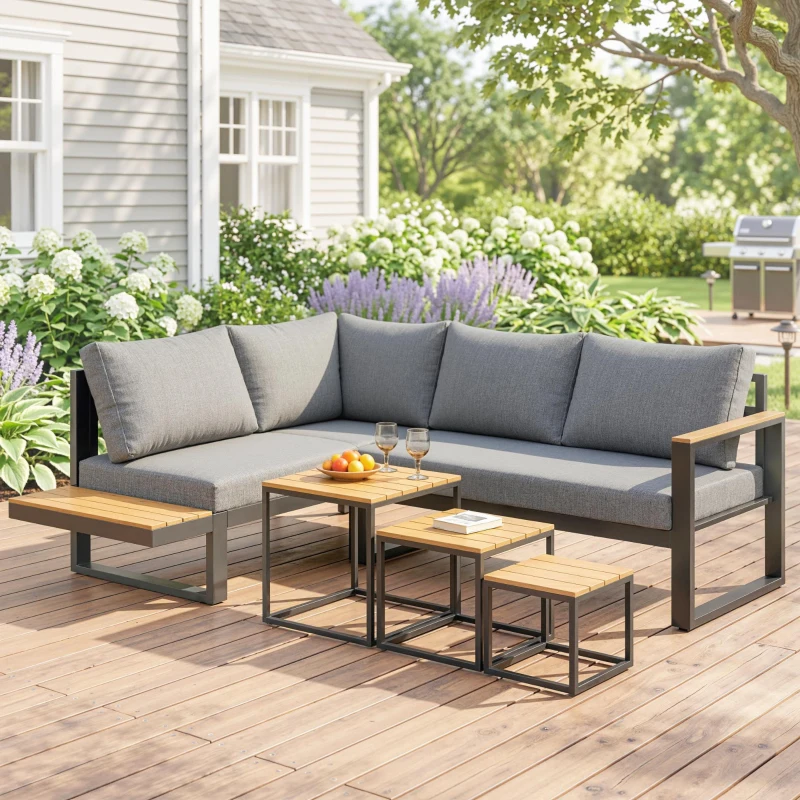 Outsunny 5-delige loungeset voor buiten, tuinmeubelset, 148 cm x 61 cm x 71,5 cm, Grijs + Natuurlijk