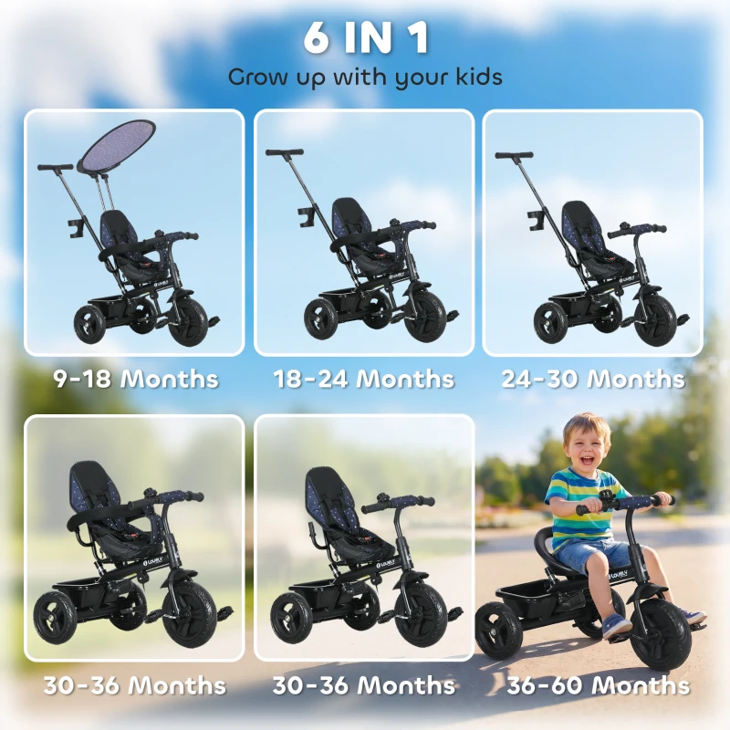HOMCOM 6 in 1 Tricycle for Kids with 5-point harness straps, Removable Canopy, Dark Blue