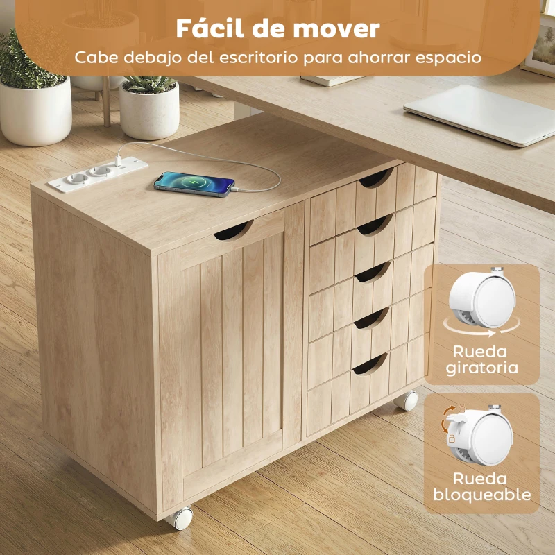 HOMCOM Mueble para Impresora con Estación de Carga y Ruedas 5 Cajones Puertos USB Estante Ajustable Natural