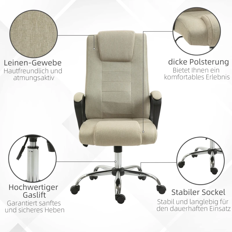 Vinsetto Bureaustoel in Linnenlook, Verstelbaar, Schommelfunctie, 5 Wielen, Beige