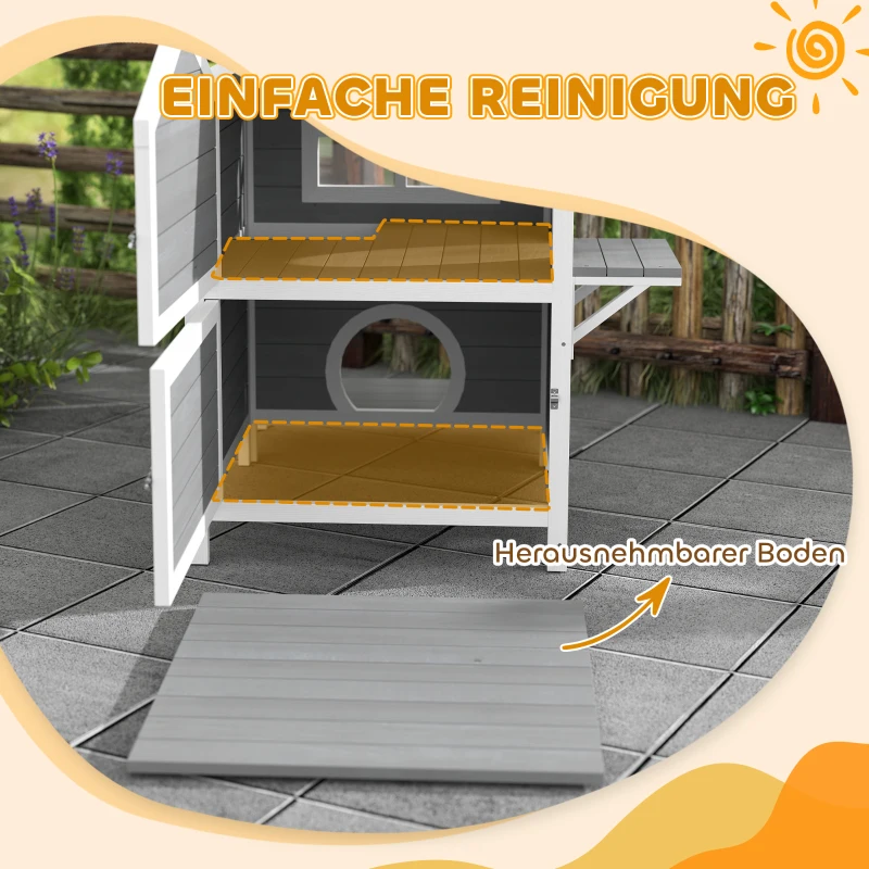PawHut Buitenkattenhuis met Weerbestendig Dak, Venster, Balkon, Uitneembare Bodem, 2 Niveaus, voor 1-2 Katten, Grijs