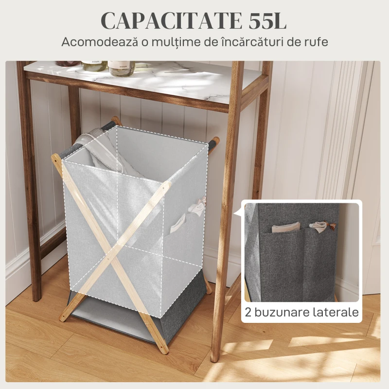 HOMCOM Coș pentru rufe pliabil 55L din material textil și cadru din bambus, lemn și gri