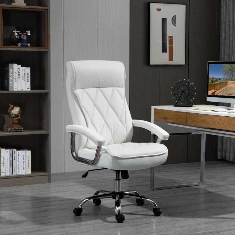 Vinsetto bureaustoel kantoorstoel gaming stoel draaistoel ergonomisch met wipfunctie in hoogte verstelbaar ruitpatroon modern elegant luxe PU leer metaal schuim wit 66x69x121 cm