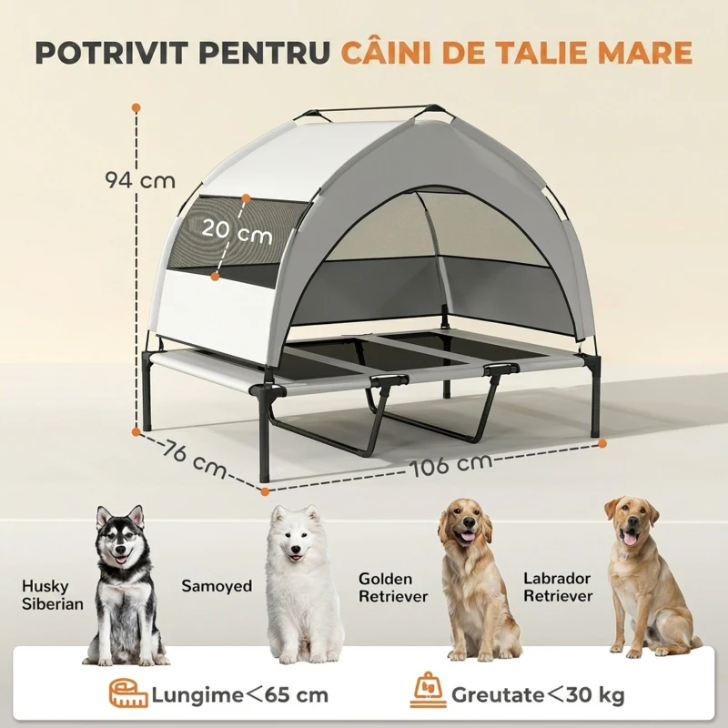 PawHut Pat pentru Câini cu Copertină Detașabilă pe 3 Laturi, din Poliester și Oțel, 106x76x94 cm, Gri Deschis și Negru
