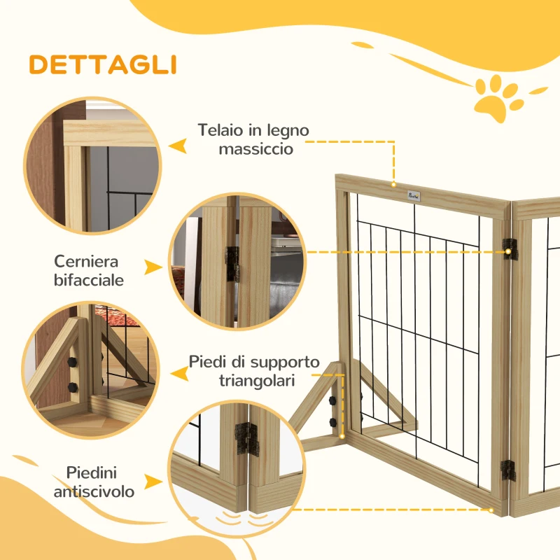 PawHut Cancellino per Cani Pieghevole con 3 Pannelli e Piedini Triangolari, 210x70 cm, Legno Naturale
