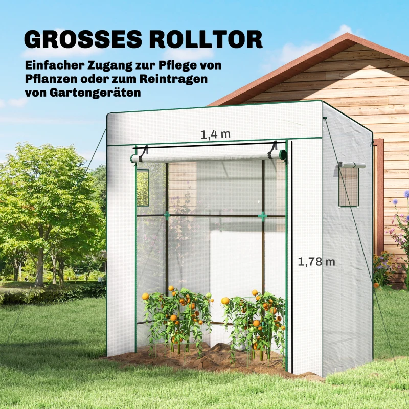 Outsunny Tomatenkas in PE-folie met oprolbare deur, gaasraampjes, schuin dak 196 x 77 x 197 cm Wit