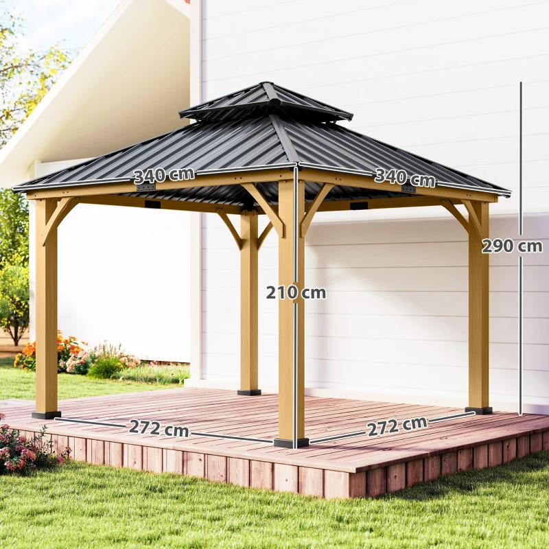 Outsunny 3.5 x 3.5m Outdoor Hardtop Gazebo Canopy with Two-tier Metal Roof and Solid Wood Frame Outdoor Patio Shelter for Patio, Garden, Black