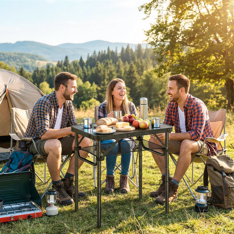 Outsunny 2ft Folding Camping Table, Picnic Table with Mesh Storage Layer, 4 Adjustable Heights and Carrying Handle, Black