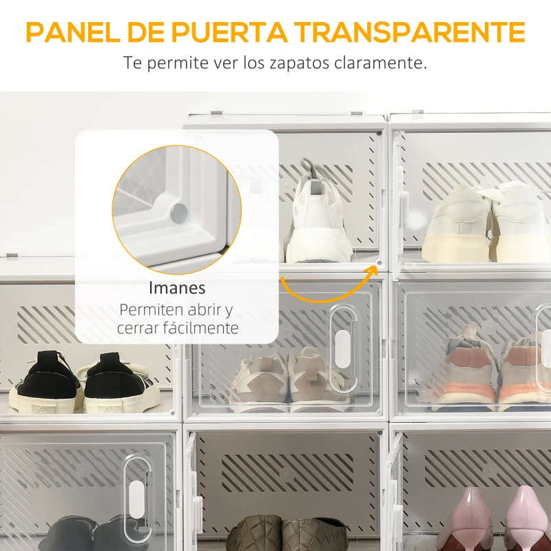 HOMCOM Organizador de Zapatos Modular Estantería Modulable con 18 Cubos Puertas Magnéticas 28x36x21 cm Transparente