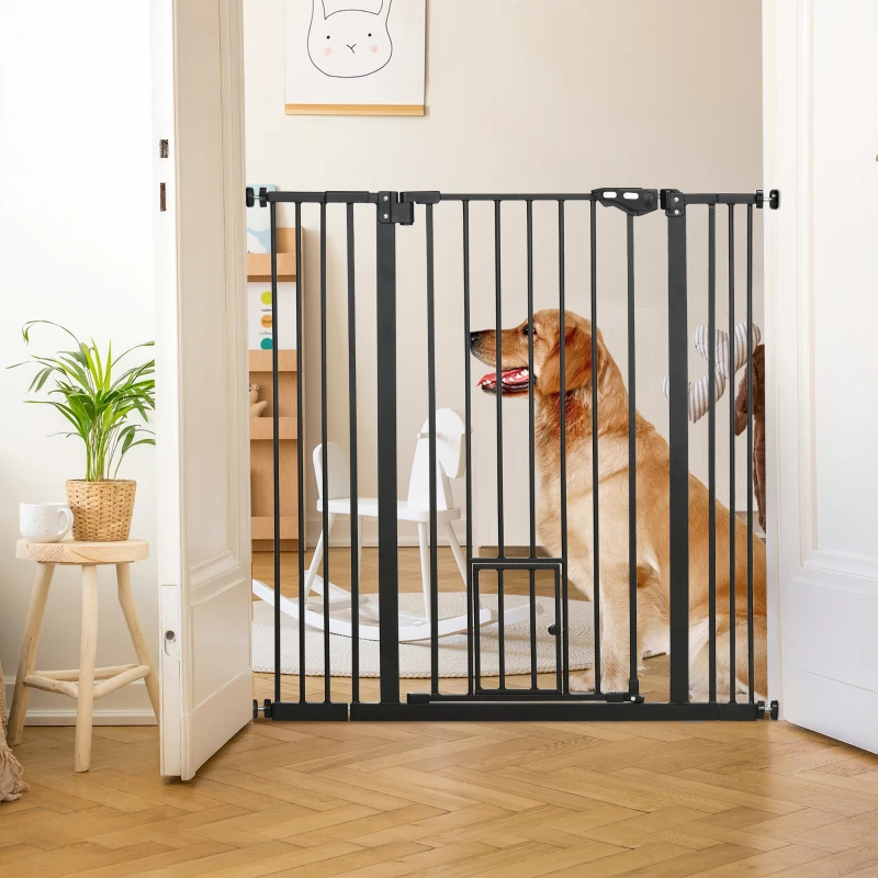 PawHut Barrera de Seguridad Extensible con Puerta Pequeña Cierre Automático y Sistema de Doble Bloqueo 74-101x104,1 cm Negro