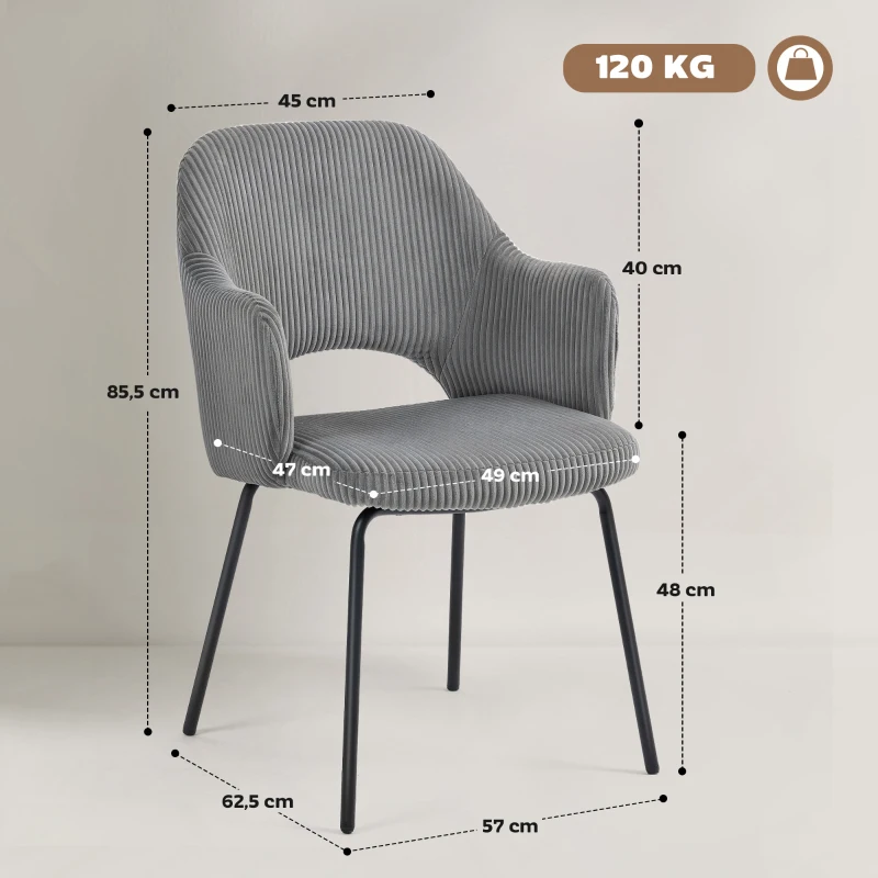 HOMCOM Eetkamerstoel, Corduroy Bekleding, Schaalvorm, Metalen Poten, Voetkussens, Grijs