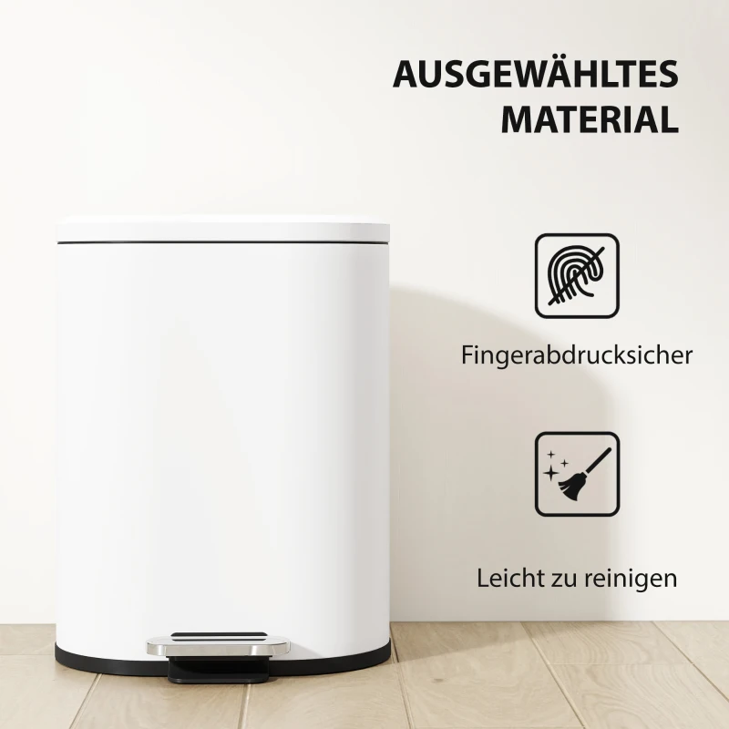 HOMCOM Afvalemmer 12L Pedaalemmer met deksel, voetpedaal, binnenemmer, soft-close functie, 30 x 25,5 x 37,5 cm, wit