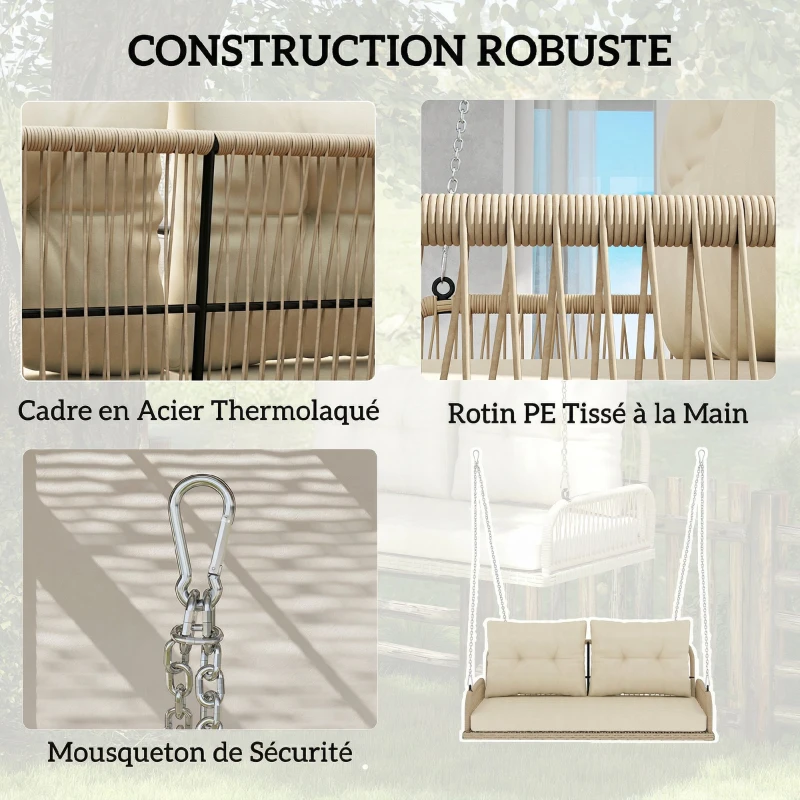 Outsunny Banc Suspendu Extérieure 2 Places en Résine Tressée avec Coussins et Chaînes en Acier, 115x66x44cm, Beige