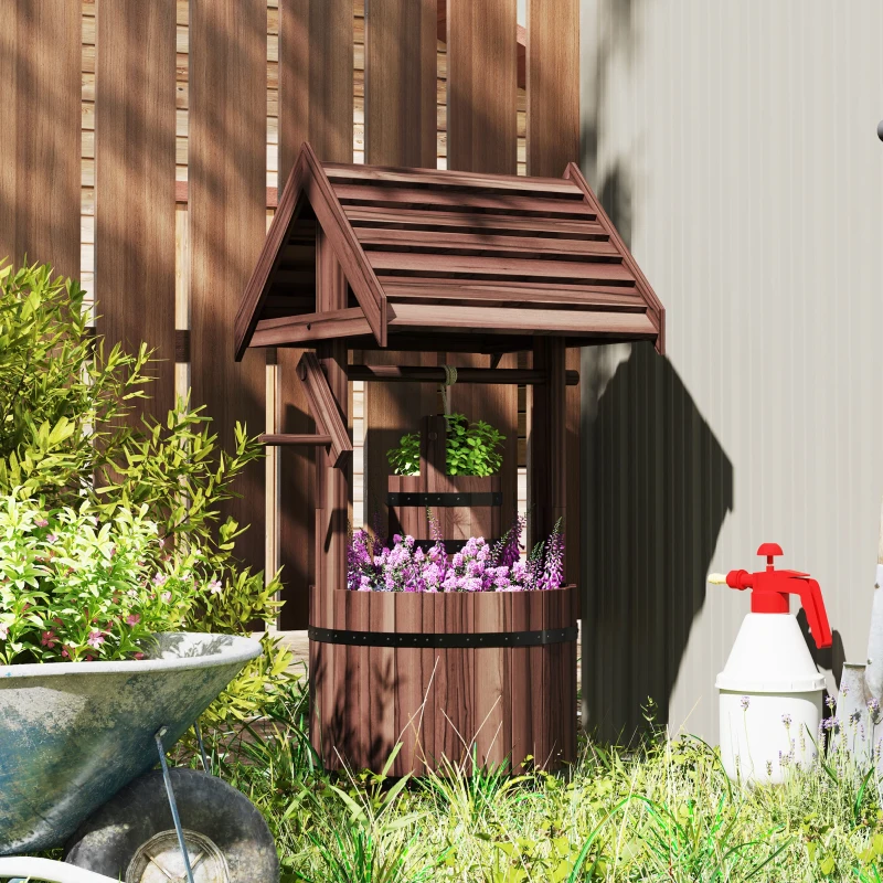 Outsunny Wood Wishing Well for Outside with Hanging Bucket, Wishing Well Planter with Drain Hole for Garden Patio, Carbonized