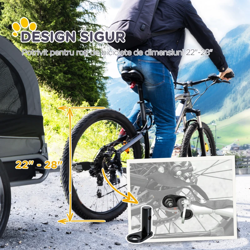 PawHut Remorcă pentru bicicletă pentru câini de talie medie, cu ferestre laterale și steguleț, 130x73x90 cm, gri și negru