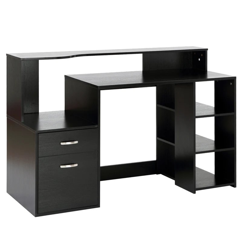 HOMCOM Computer Desk with Drawers and Storage Shelves, Office Desk Writing Table with Printer Stand, Large Workstation for Study Play Work Home Office, 137 x 55 x 92cm, Black
