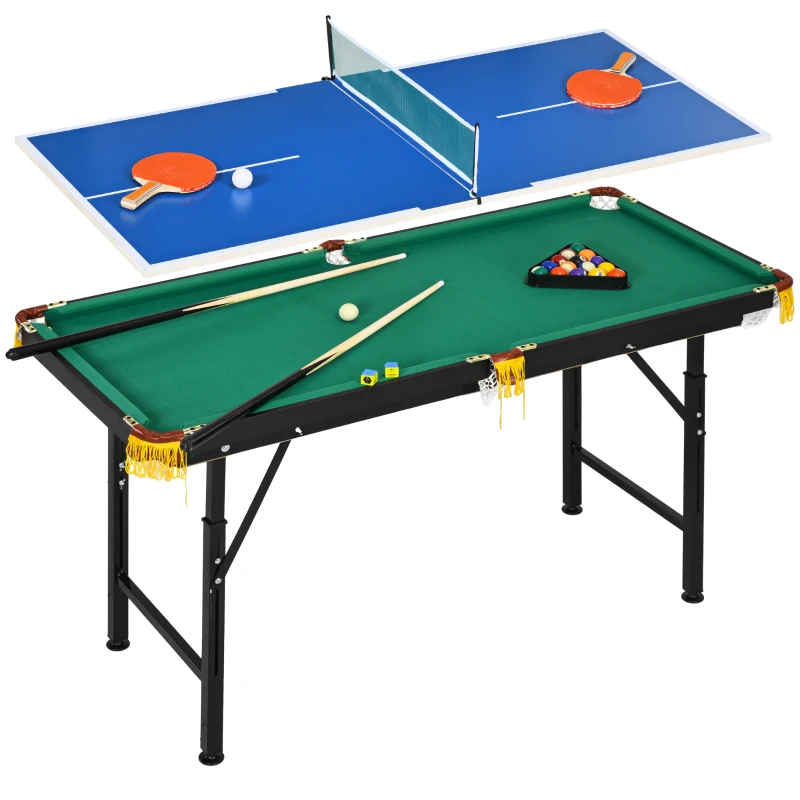 SPORTNOW 2-in-1 Pooltafel, Tafeltennistafel, met accessoires, 140x63x80cm, Blauw/Groen