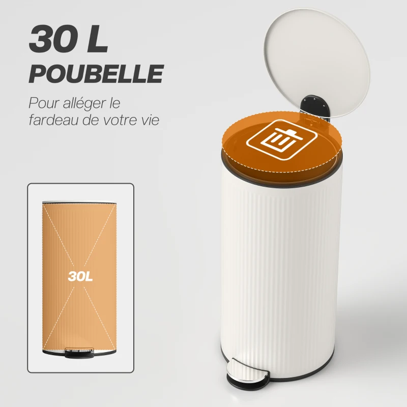 HOMCOM Poubelle cuisine 30L, poubelle à pédale avec seau intérieur amovible, couvercle à fermeture douce, 36x30x60,5cm, crème