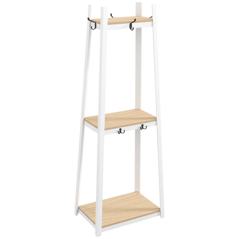HOMCOM Perchero de Pie con 3 Estantes Perchero para Ropa con 6 Ganchos y Estantes de Almacenaje 61x41x165 cm Natural y Blanco