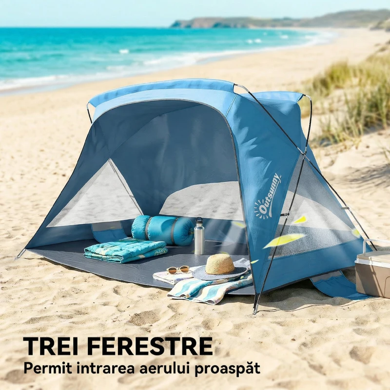 Outsunny Cort de Plajă Uv30+ cu Ferestre pentru 3 Persoane, Albastru