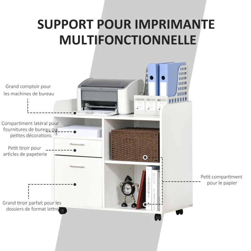 Vinsetto Support d'imprimante - Caisson d'organisation de Bureau Roulant - Dim. 80l x 40P x 72H cm en Bois Blanc