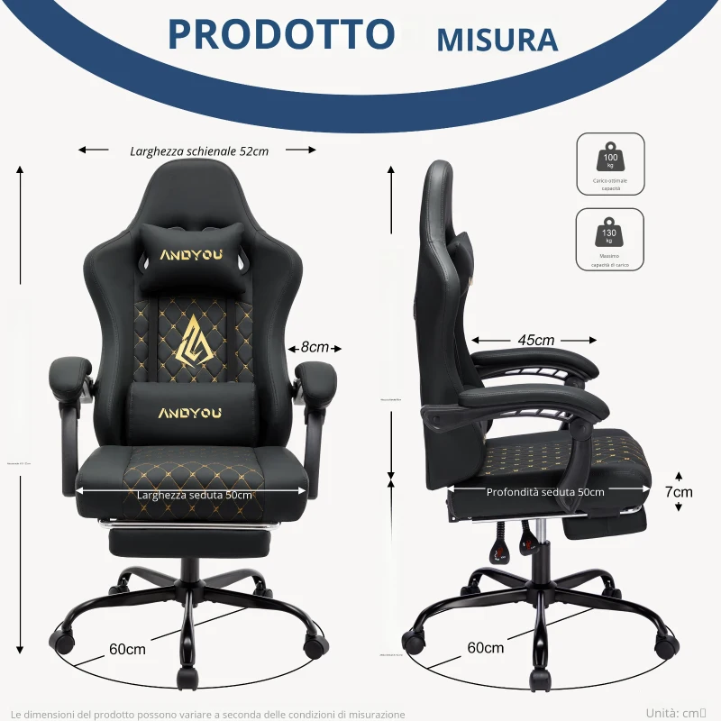 Sedia da gaming con poggiapiedi, morbido cuscino per collo e lombare, cuscini di supporto rimovibili, 60x60x122 cm, Nero
