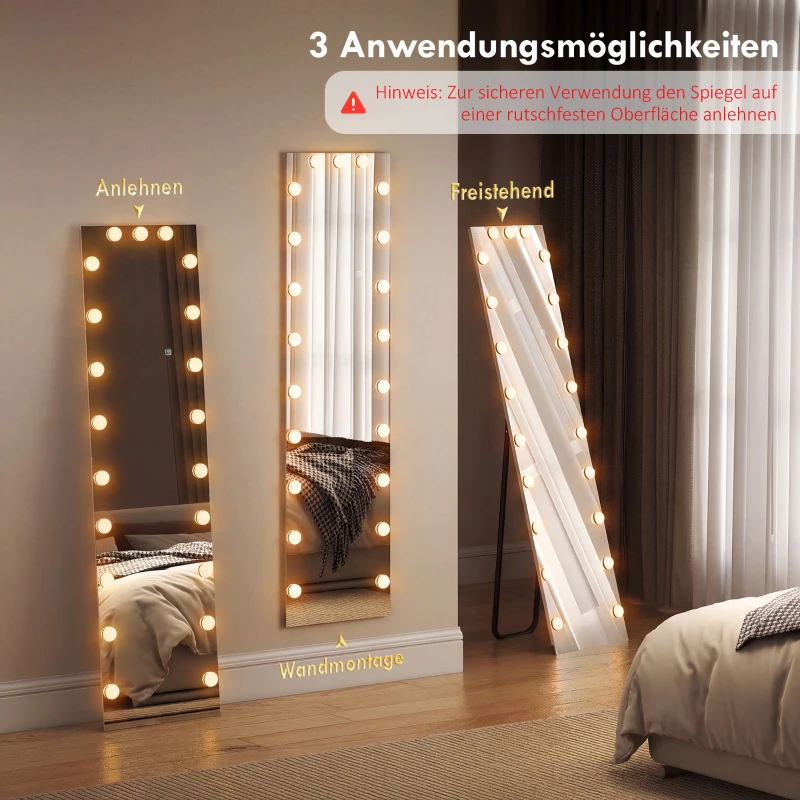 HOMCOM Volledige-lengte spiegel 150x40 cm RGB-LED staande spiegel met 21 gloeilampen 7 lichtkleuren touchschakelaar geheugenfunctie