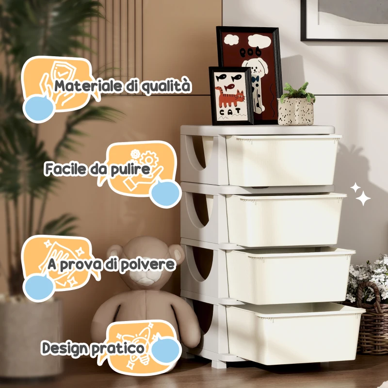 HOMCOM Cassettiera in Plastica Colorata per Cameretta con 4 Cassetti, 37x37x76 cm, Crema
