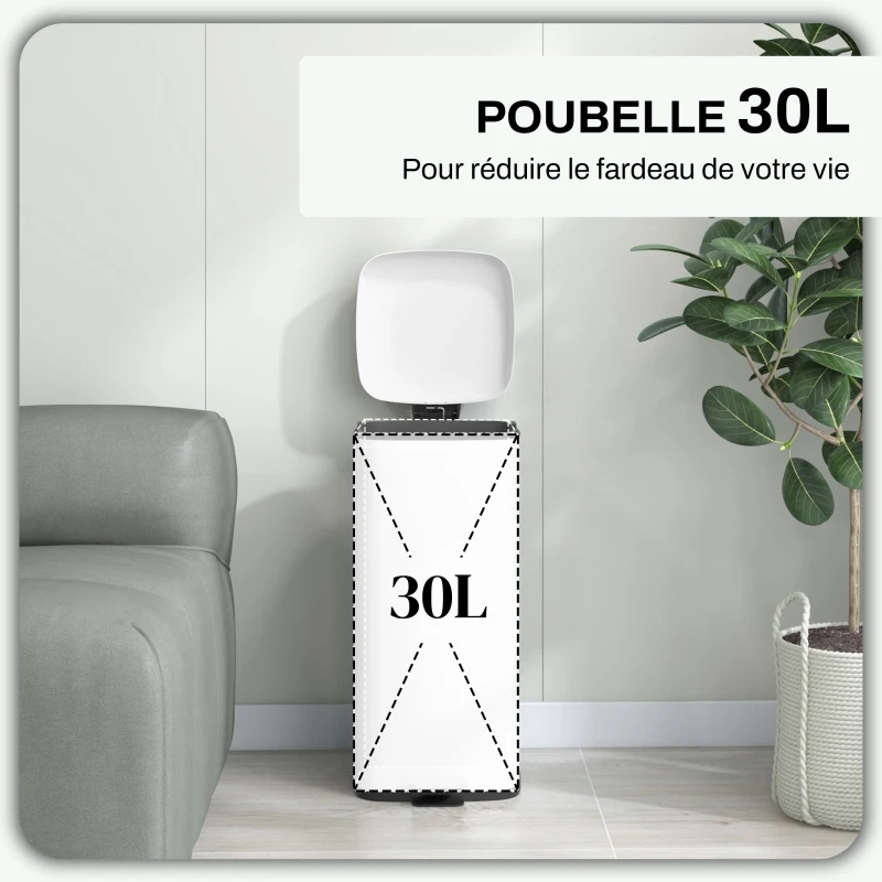HOMCOM Poubelle de cuisine 30L avec couvercle à fermeture douce et pédale, seau intérieur amovible, 28L x 35l x 63,5H cm, blanc