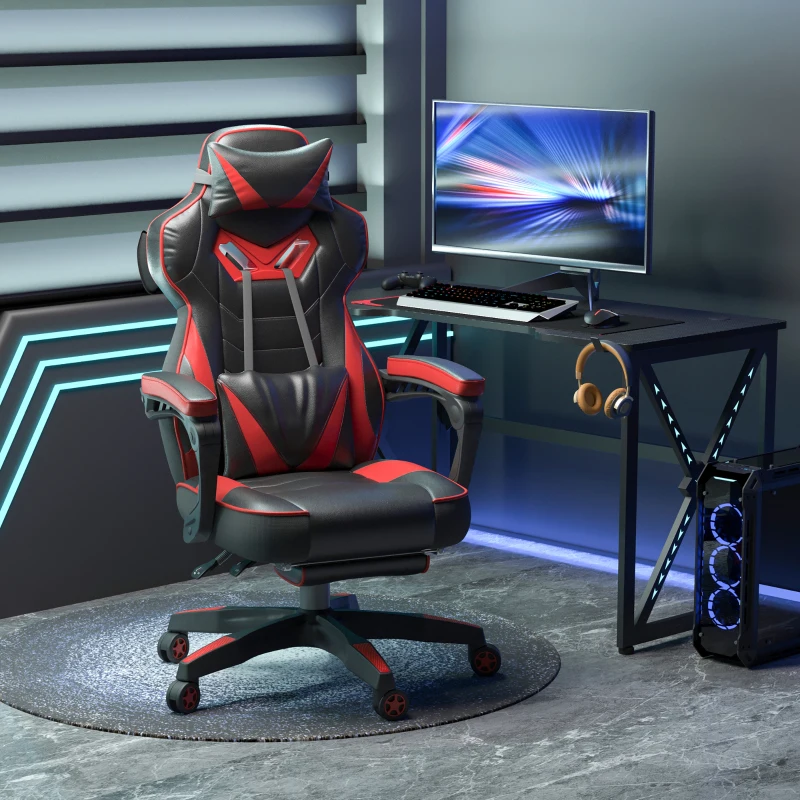 Vinsetto Chaise gaming Ergonomique, Fauteuil de Bureau confortable avec Repose-Pied, Appuie-Tête et coussin lombaire, Hauteur Réglable, noir et rouge