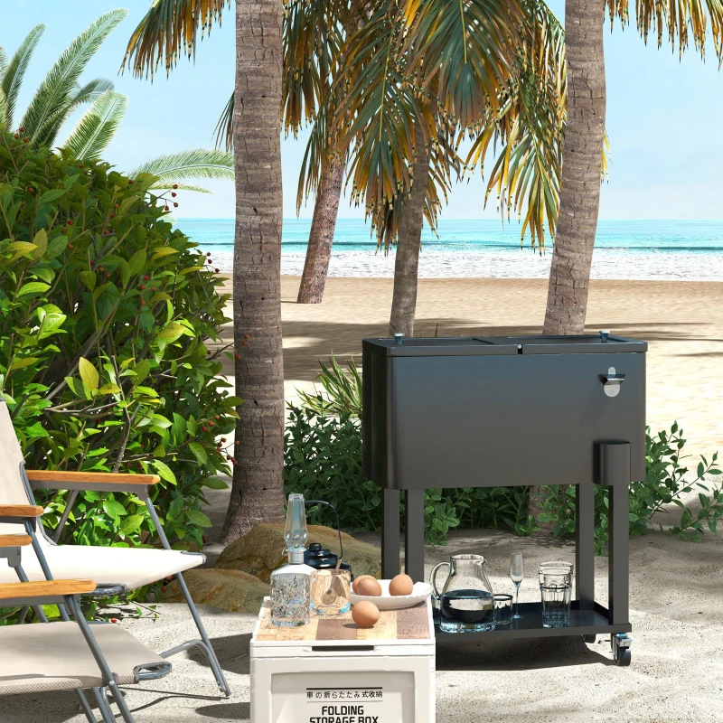 Outsunny Carro Nevera con Ruedas Abrebotellas y Estante 56L para Patio Fiesta Terraza 67x35x80 cm Negro