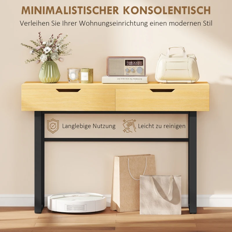 HOMCOM Consoletafel Smalle haltafel met 2 lades, metalen frame, voor hal 110 x 35 x 76,5 cm naturel