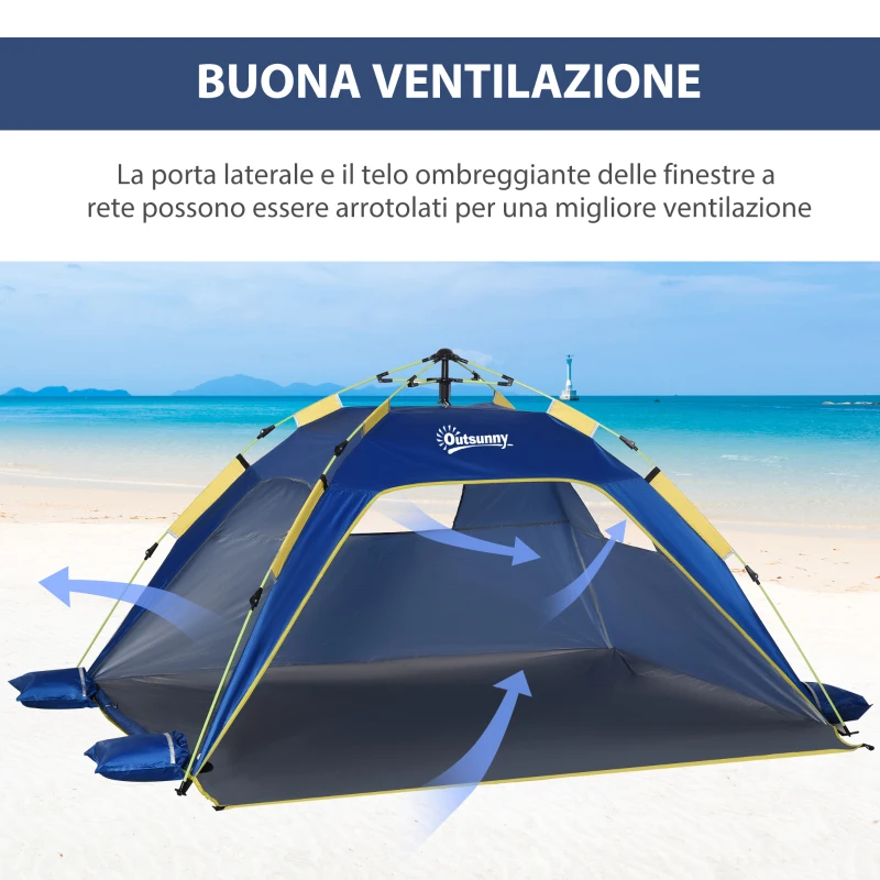 Outsunny Tenda da Spiaggia Pop Up per 2 Persone con Finestre, in Fibra di Vetro e Poliestere, 220x173x120 cm, Blu Giallo