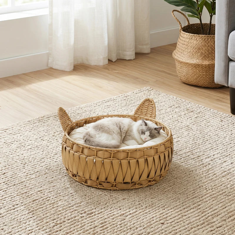 PawHut Rattan kattenmand met afneembaar kussen, kattenhol voor katten tot 10 kg, 50 x 50 x 25 cm, lichtbruin
