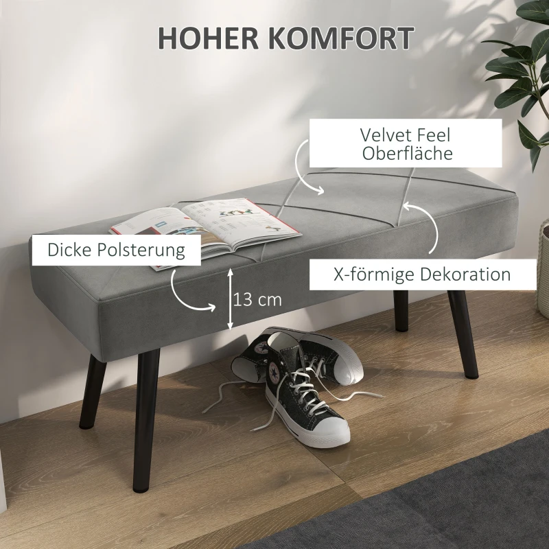 HOMCOM Grijze Zitbank Beklede Bank Bedbank, Fluweelachtige Look, 100 x 36 x 45 cm