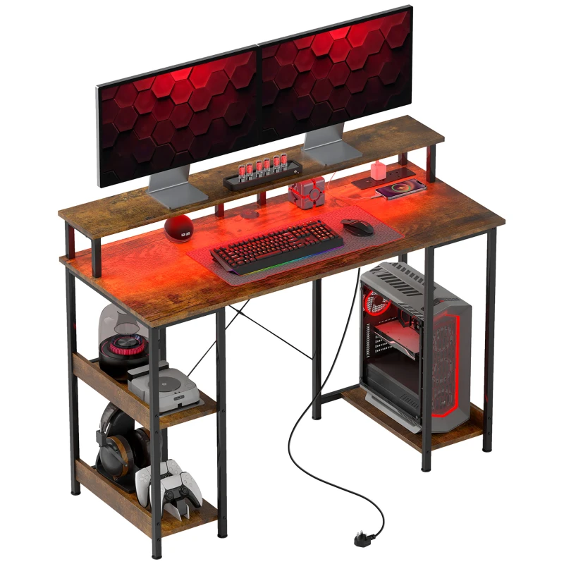 HOMCOM LED Computer Desk, with Power Outlets and Shelves - Rustic Brown