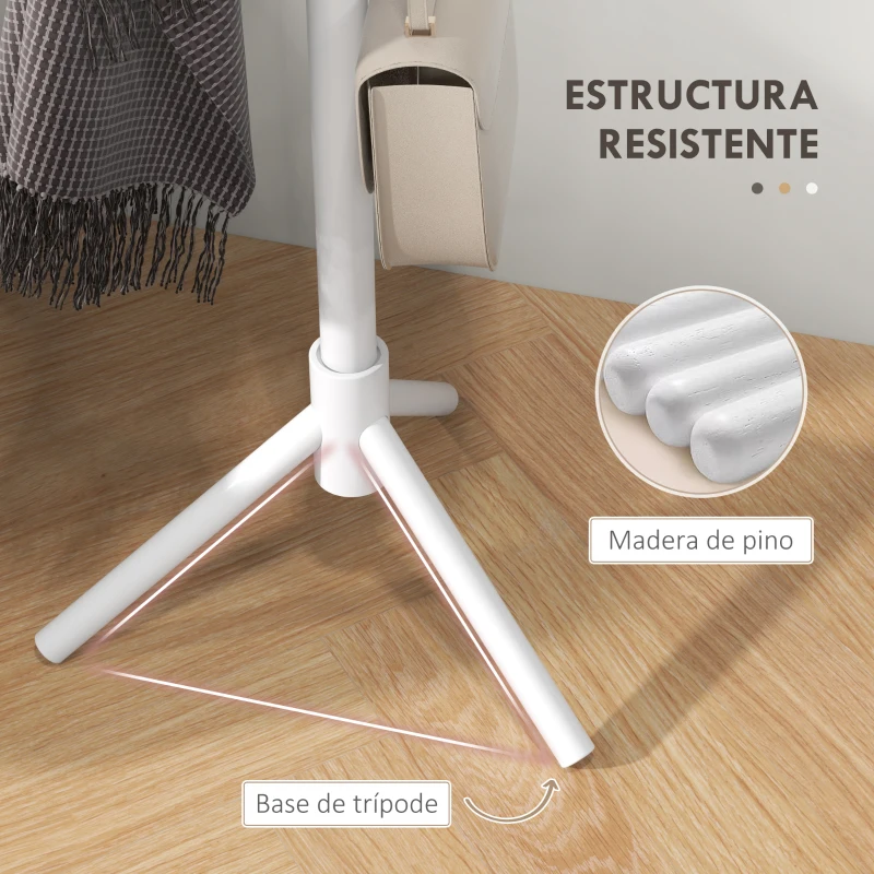 HOMCOM Perchero de Pie de Madera Forma de Árbol con 8 Ganchos para Colgar Ropa Bolsos en Pasillo Entrada 40x40x165 cm Blanco