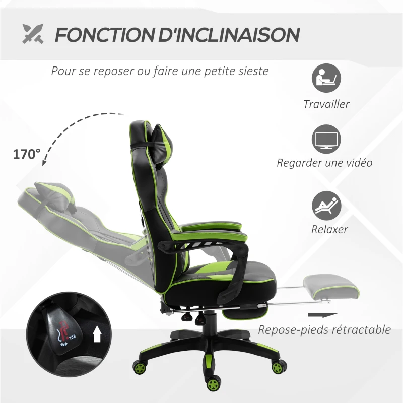 Vinsetto Chaise gaming Ergonomique, Fauteuil de Bureau confortable avec Repose-Pied, Appuie-Tête et coussin lombaire, Hauteur Réglable, noir et vert