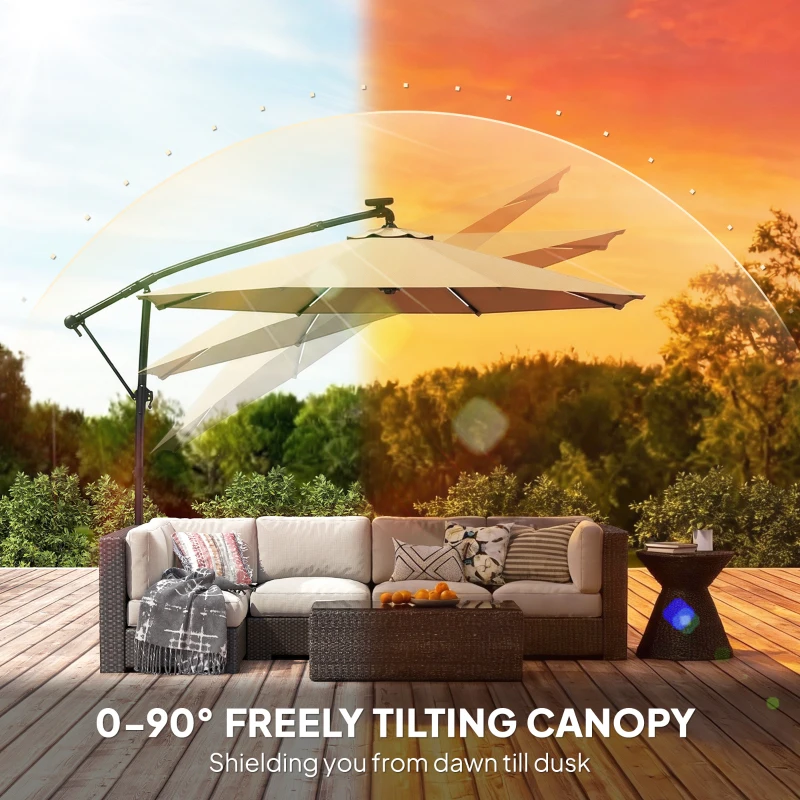 Outsunny 3 m Garden Cantilever Parasol with LED Solar Light, Round Overhanging Umbrella with 360° Rotation, Cover, Khaki