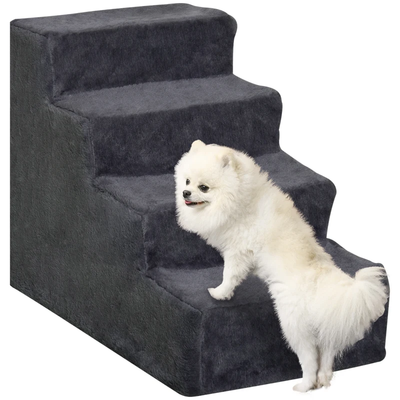 PawHut Scară Portabilă pentru Câini cu 4 Trepte, din Material de Catifea Detașabil și Lemn, 60x35x44 cm, Gri Închis