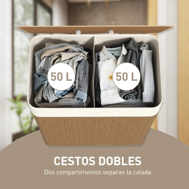 HOMCOM Cesto de Ropa Sucia de Bambú con 2 Compartimentos Asas para Facilitar el Uso y Bolsas Desmontables Lavables 52x32x63 cm