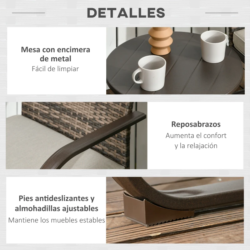 Outsunny Conjunto de Muebles de Jardín de Ratán 3 Piezas Incluye 2 Sillas Mecedoras con Cojines y Mesa Redonda para Terraza Marrón