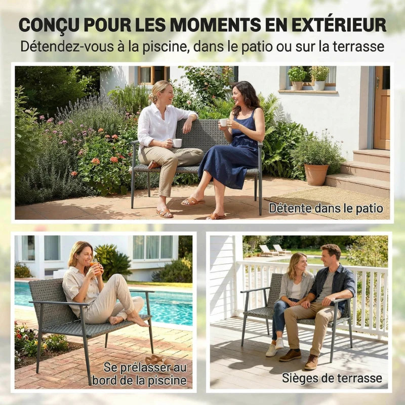 Outsunny Banc de Jardin 2 places en Résine Tressée et Acier, avec Accoudoirs, Dossiers et Pieds Réglables, 110x58x78cm, Gris