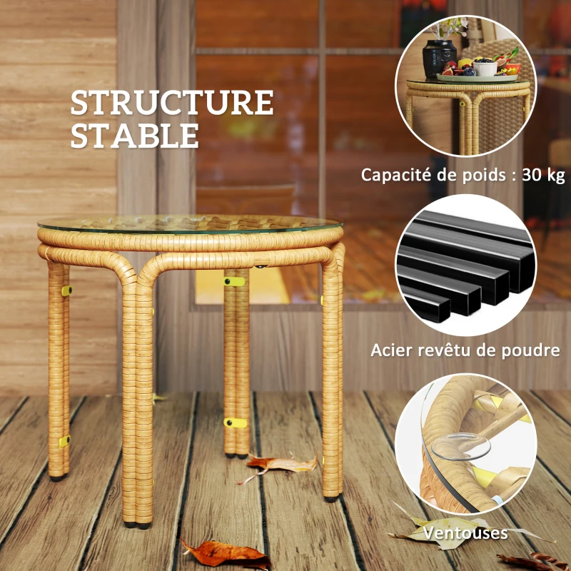 Outsunny Table d'appoint en résine tressée ronde, table basse de jardin avec plaque verre, facile à nettoyer Ø 50 x 44 cm, jaune