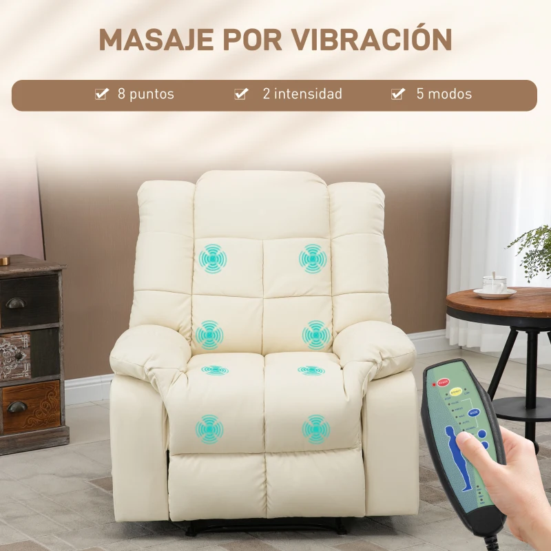 HOMCOM Sillón de Masaje Reclinable con 8 Puntos de Masaje Mando a Distancia Tapizado en PU Reposapiés Bolsillo Lateral Crema